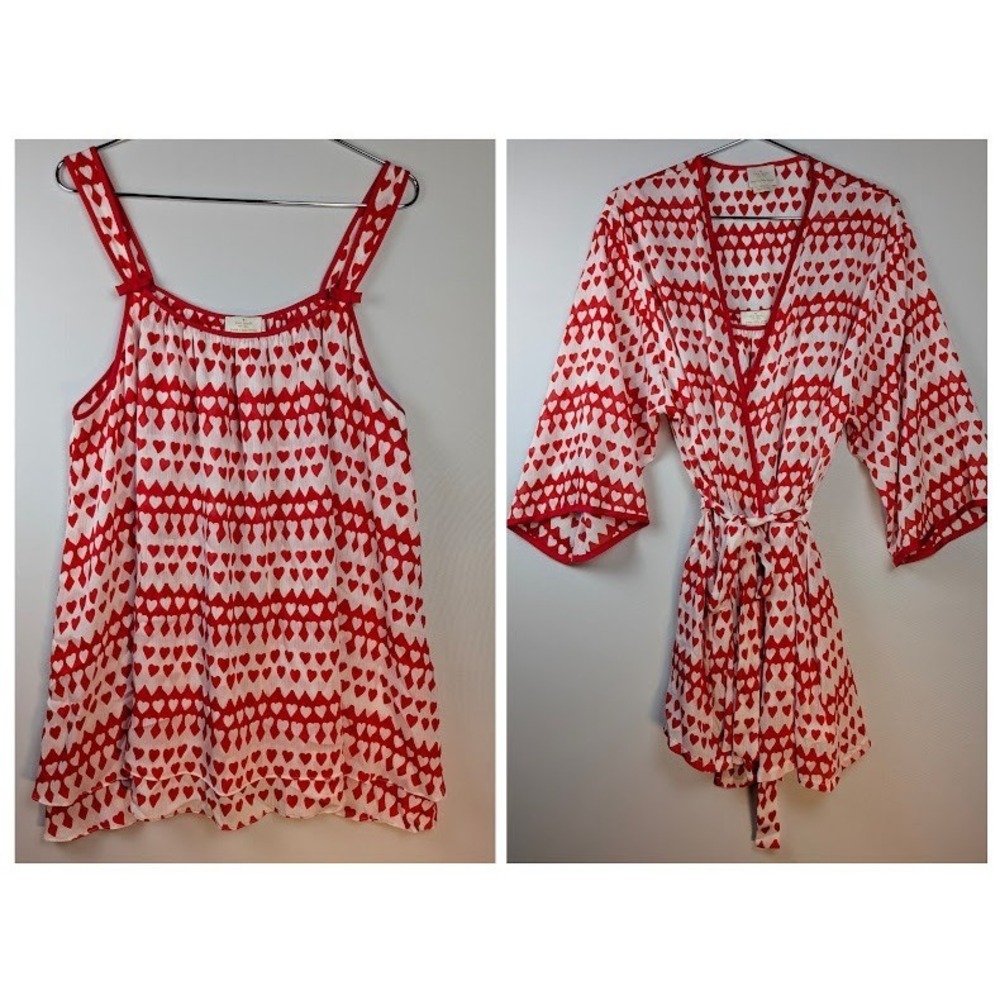 Kate Spade Pajama Set Women L/XL Red White Heart Print Robe Camisole 2pc